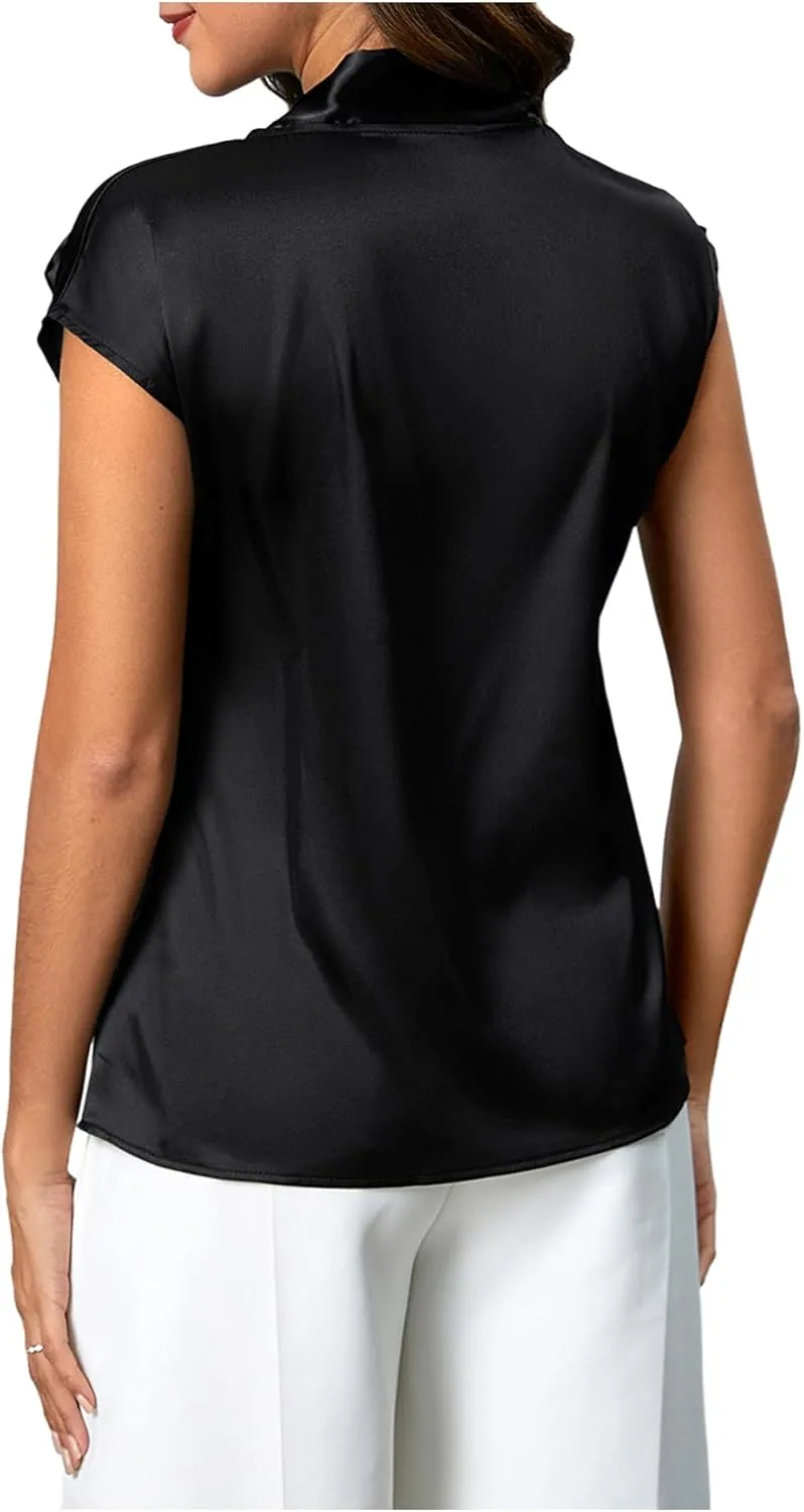 MakeMeChic Women's Tie Neck Blouse Top Cap Sleeve Satin Summer Office Shirt