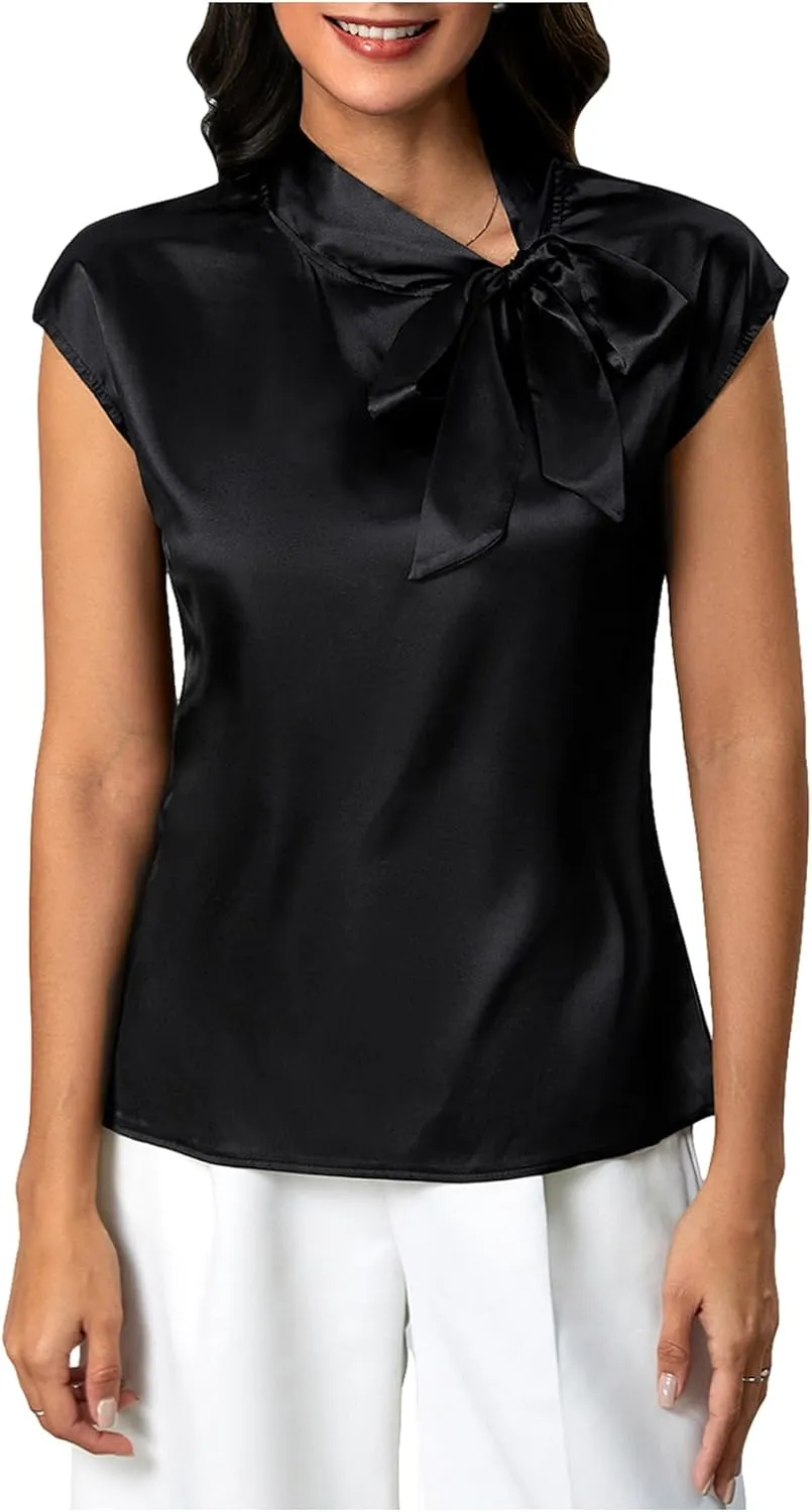 MakeMeChic Women's Tie Neck Blouse Top Cap Sleeve Satin Summer Office Shirt