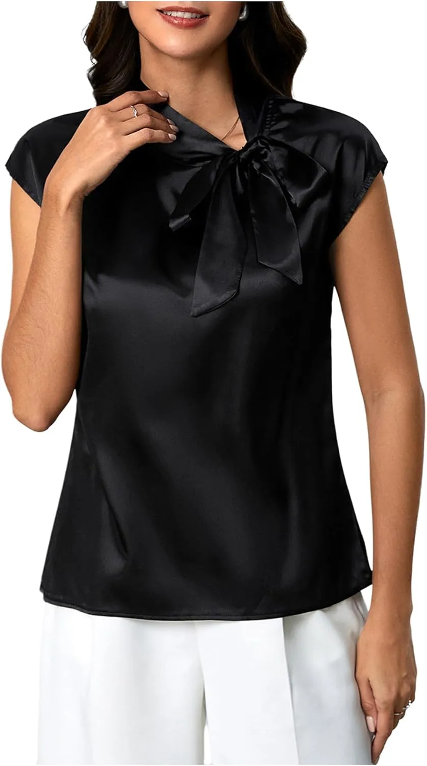 MakeMeChic Women's Tie Neck Blouse Top Cap Sleeve Satin Summer Office Shirt