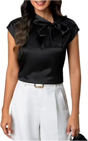 MakeMeChic Women's Tie Neck Blouse Top Cap Sleeve Satin Summer Office Shirt