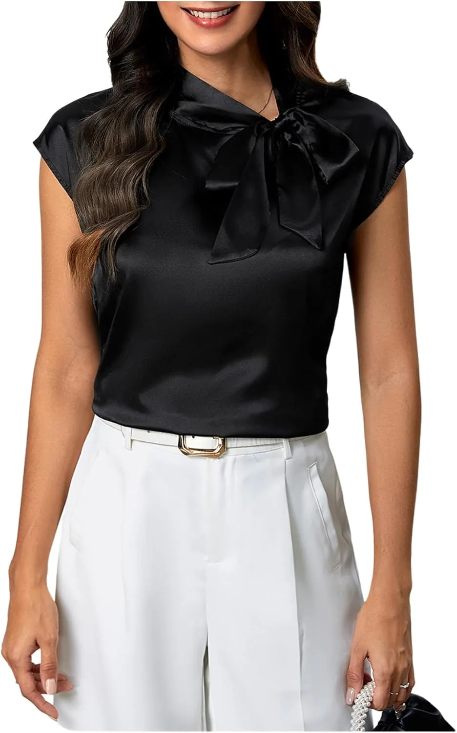 MakeMeChic Women's Tie Neck Blouse Top Cap Sleeve Satin Summer Office Shirt