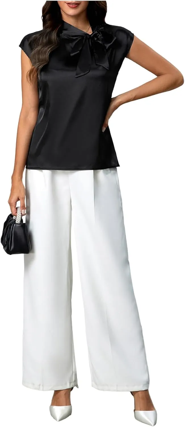 MakeMeChic Women's Tie Neck Blouse Top Cap Sleeve Satin Summer Office Shirt