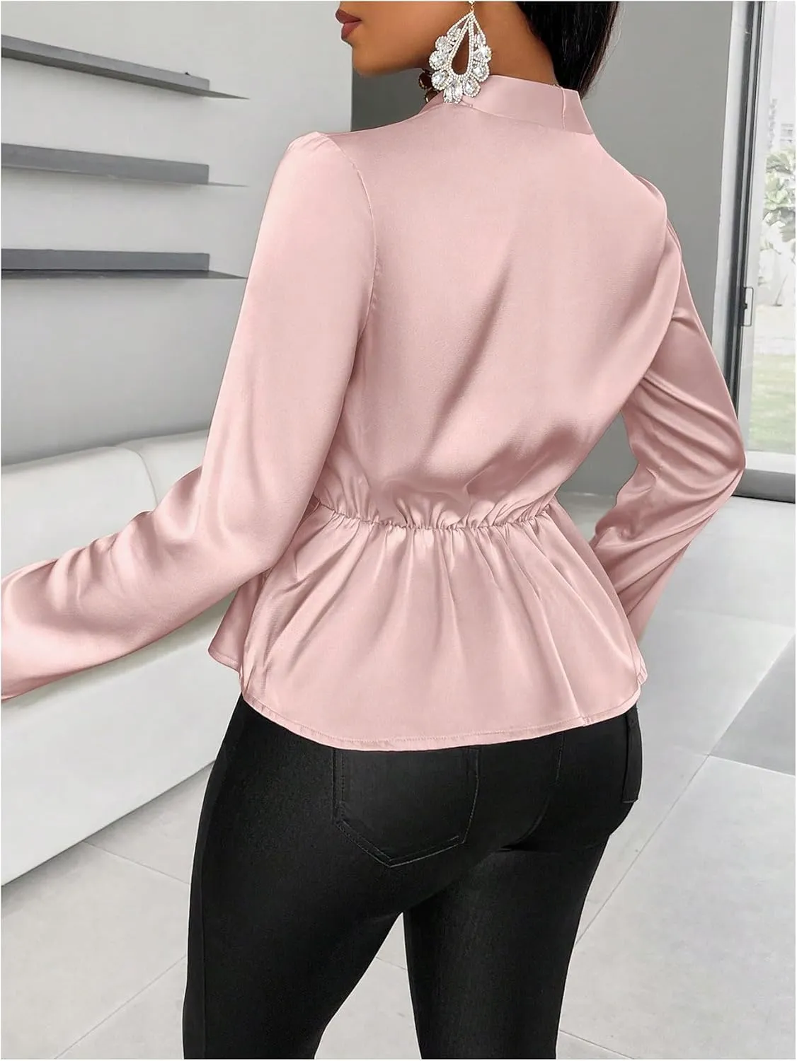 MakeMeChic Women's Wrap V Neck Long Sleeve Ruched Satin Shirt Blouse Elegant Peplum Tops
