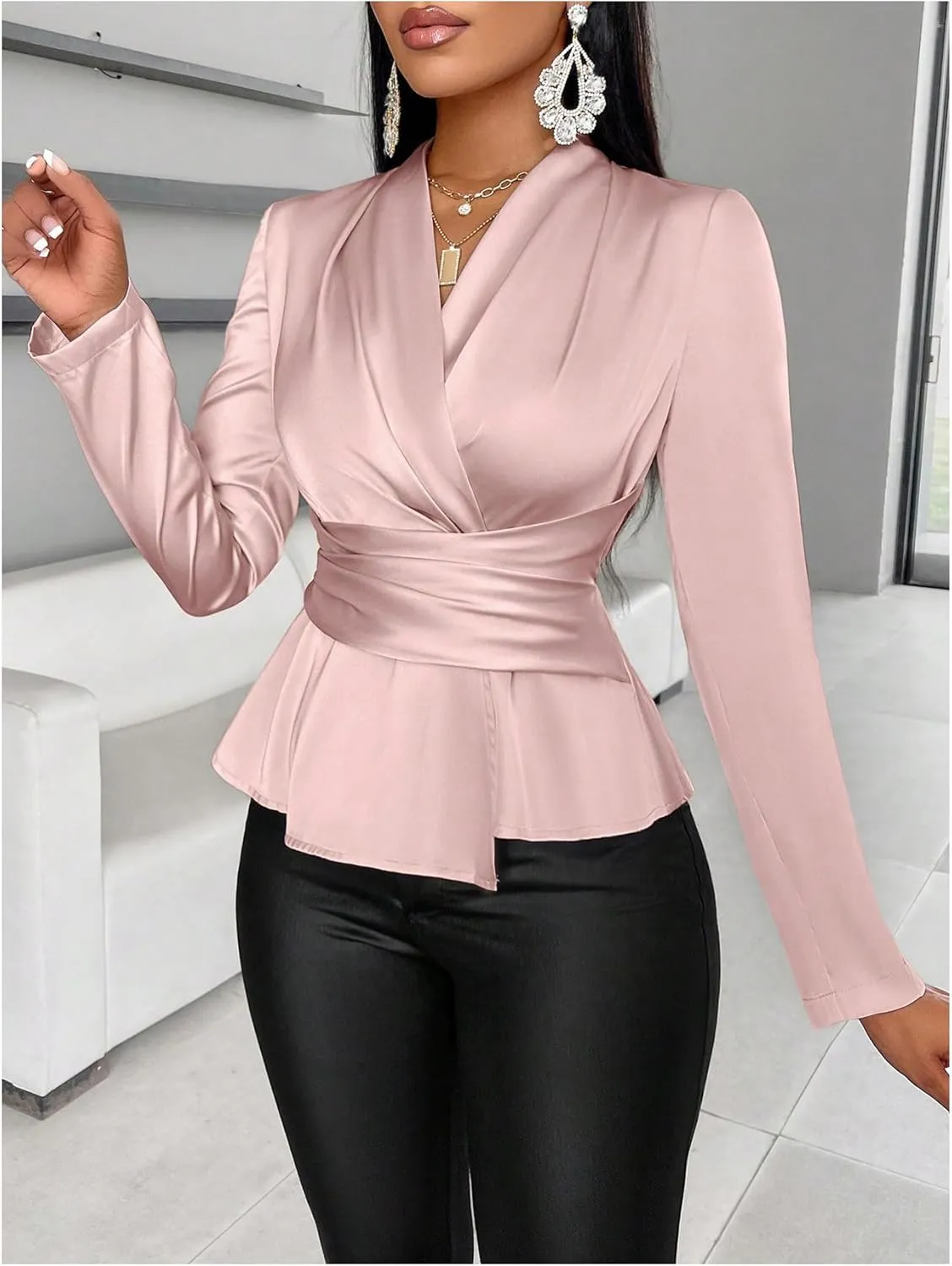 MakeMeChic Women's Wrap V Neck Long Sleeve Ruched Satin Shirt Blouse Elegant Peplum Tops
