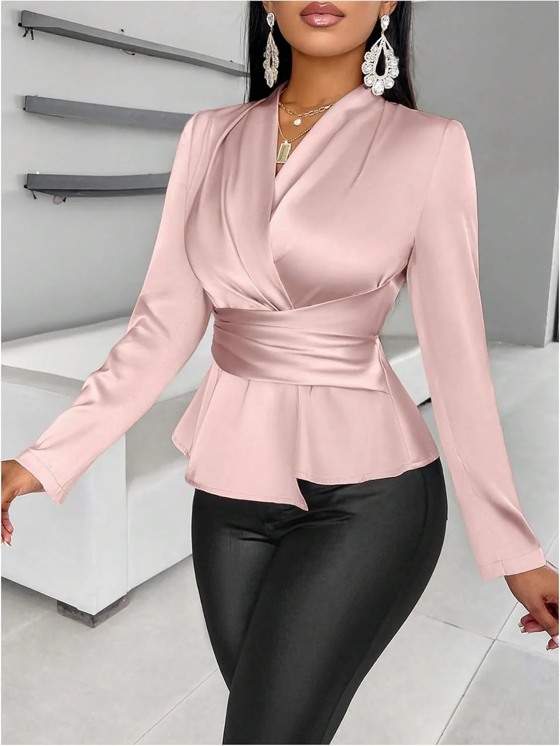 MakeMeChic Women's Wrap V Neck Long Sleeve Ruched Satin Shirt Blouse Elegant Peplum Tops
