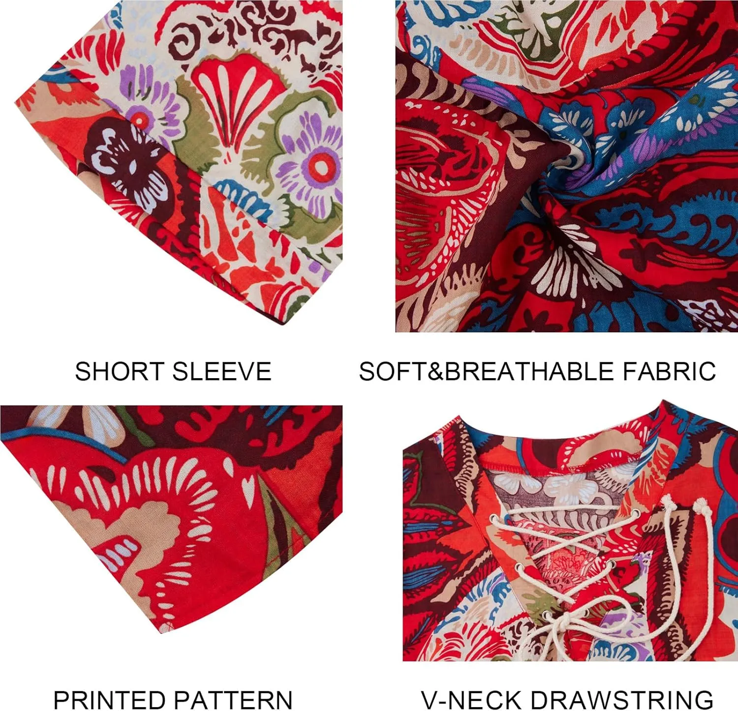 Men's Fashion Shirt Short Sleeve Beach V-Neck Drawstring Printing Yoga African Summer Top