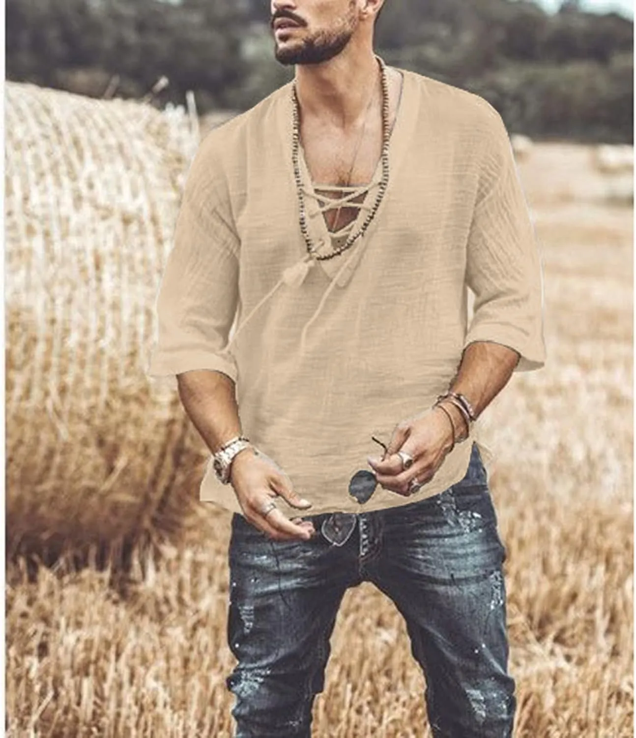 Men's Fashion Shirt Short Sleeve Beach V-Neck Drawstring Printing Yoga African Summer Top