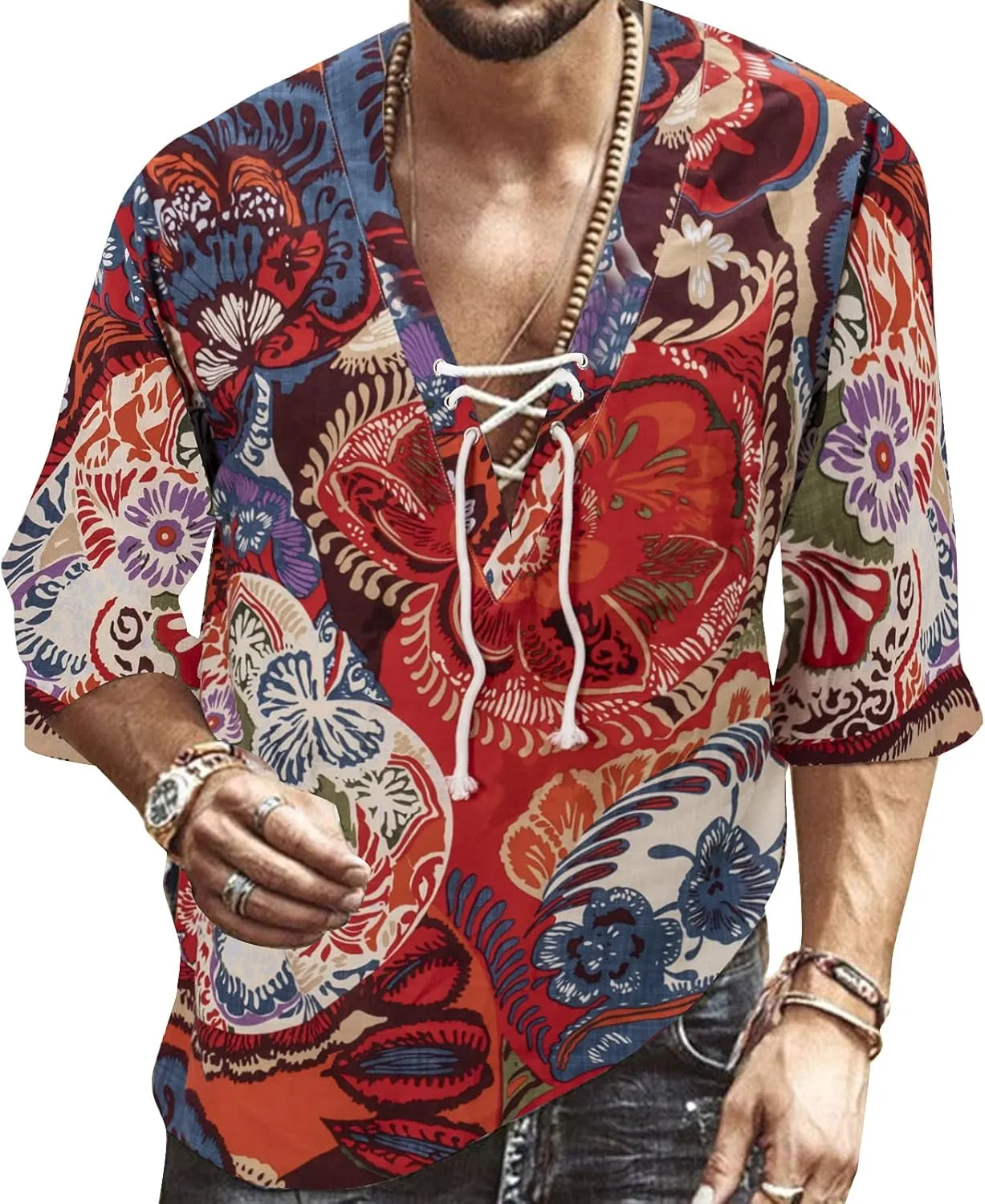 Men's Fashion Shirt Short Sleeve Beach V-Neck Drawstring Printing Yoga African Summer Top