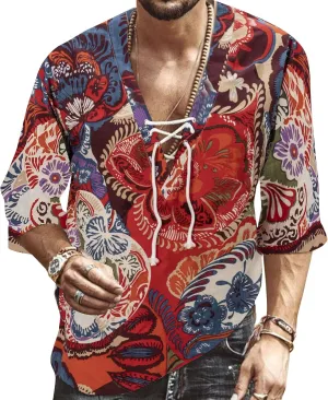 Men's Fashion Shirt Short Sleeve Beach V-Neck Drawstring Printing Yoga African Summer Top