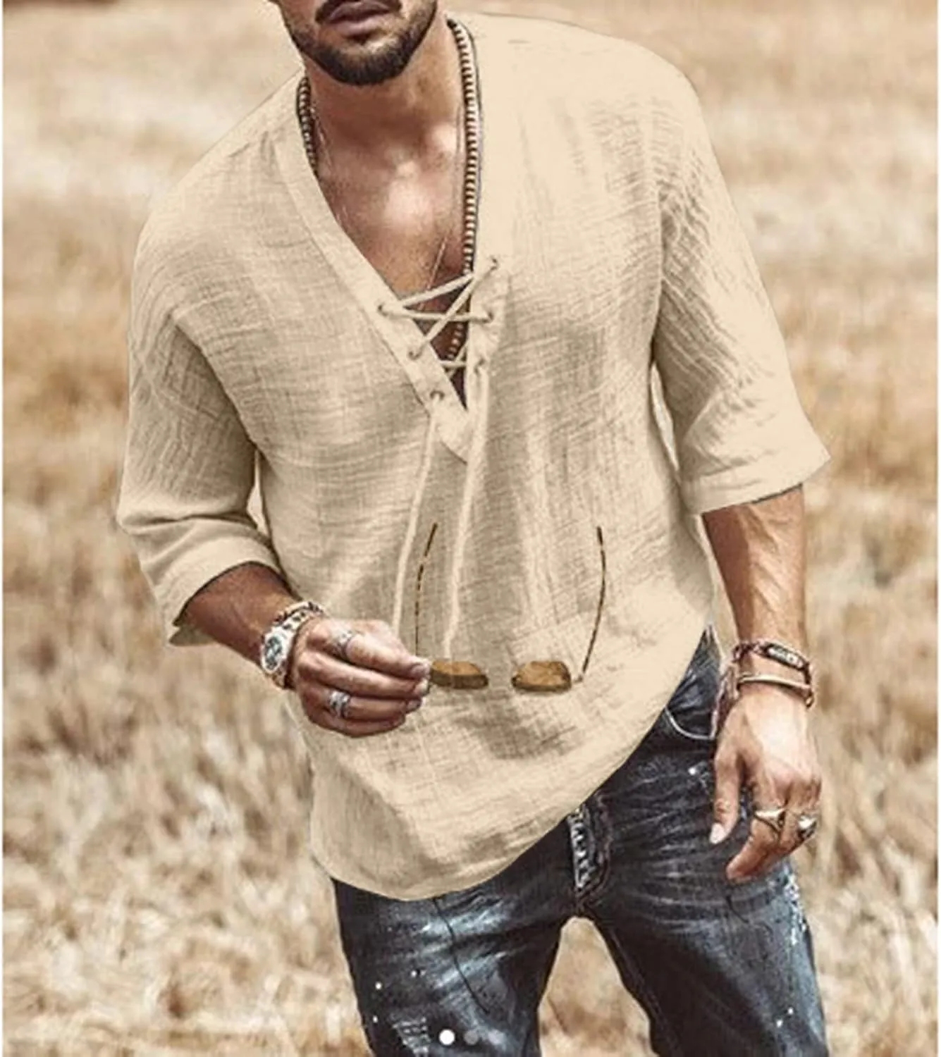 Men's Fashion Shirt Short Sleeve Beach V-Neck Drawstring Printing Yoga African Summer Top