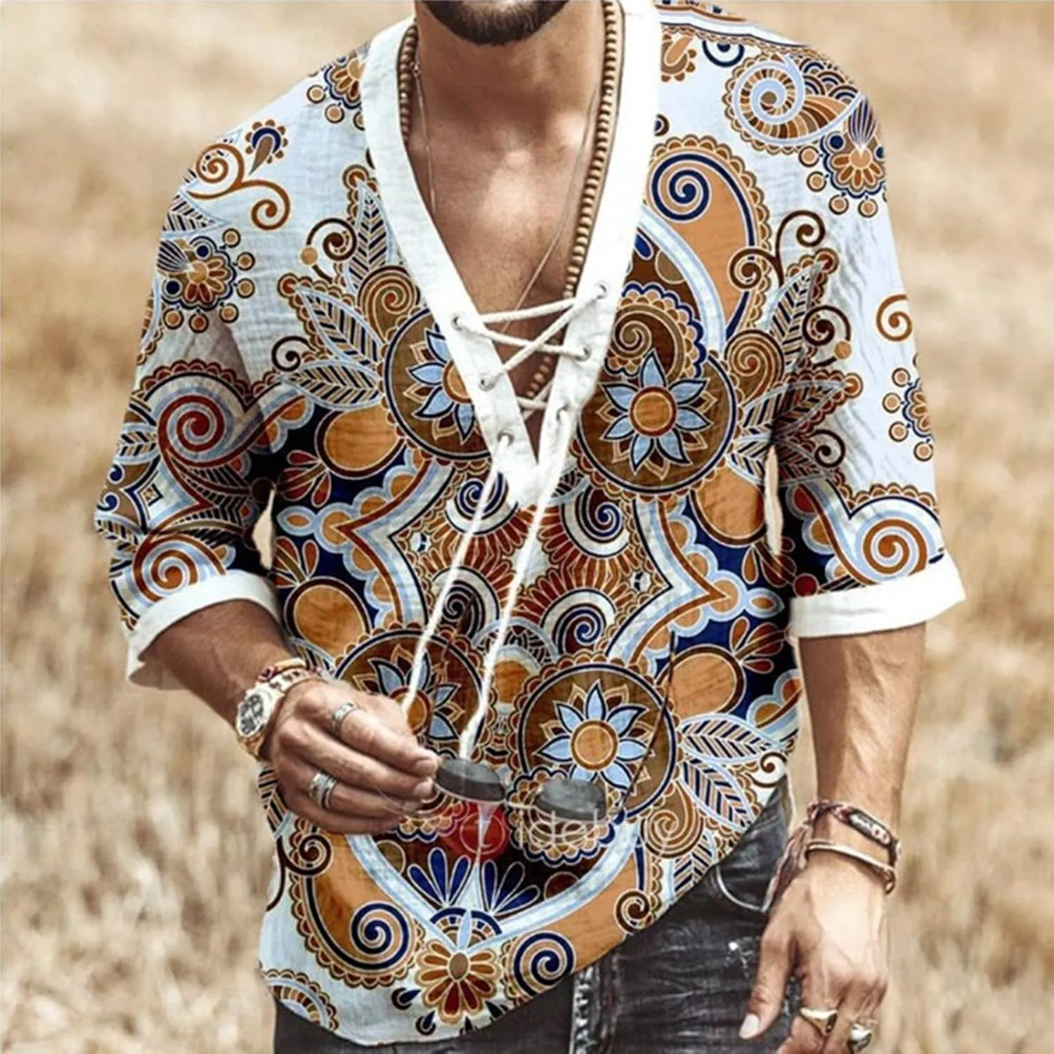 Men's Fashion Shirt Short Sleeve Beach V-Neck Drawstring Printing Yoga African Summer Top
