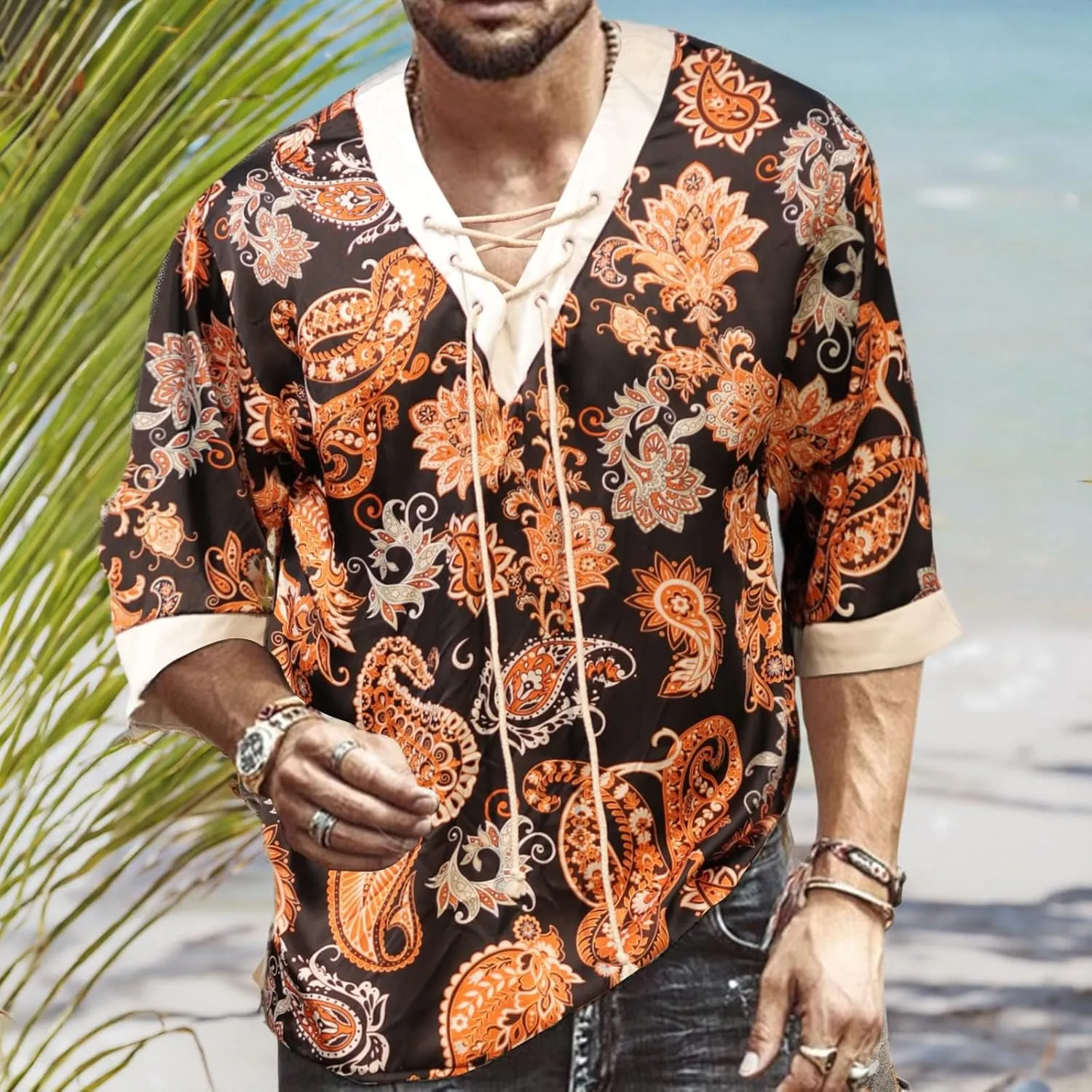 Men's Fashion Shirt Short Sleeve Beach V-Neck Drawstring Printing Yoga African Summer Top