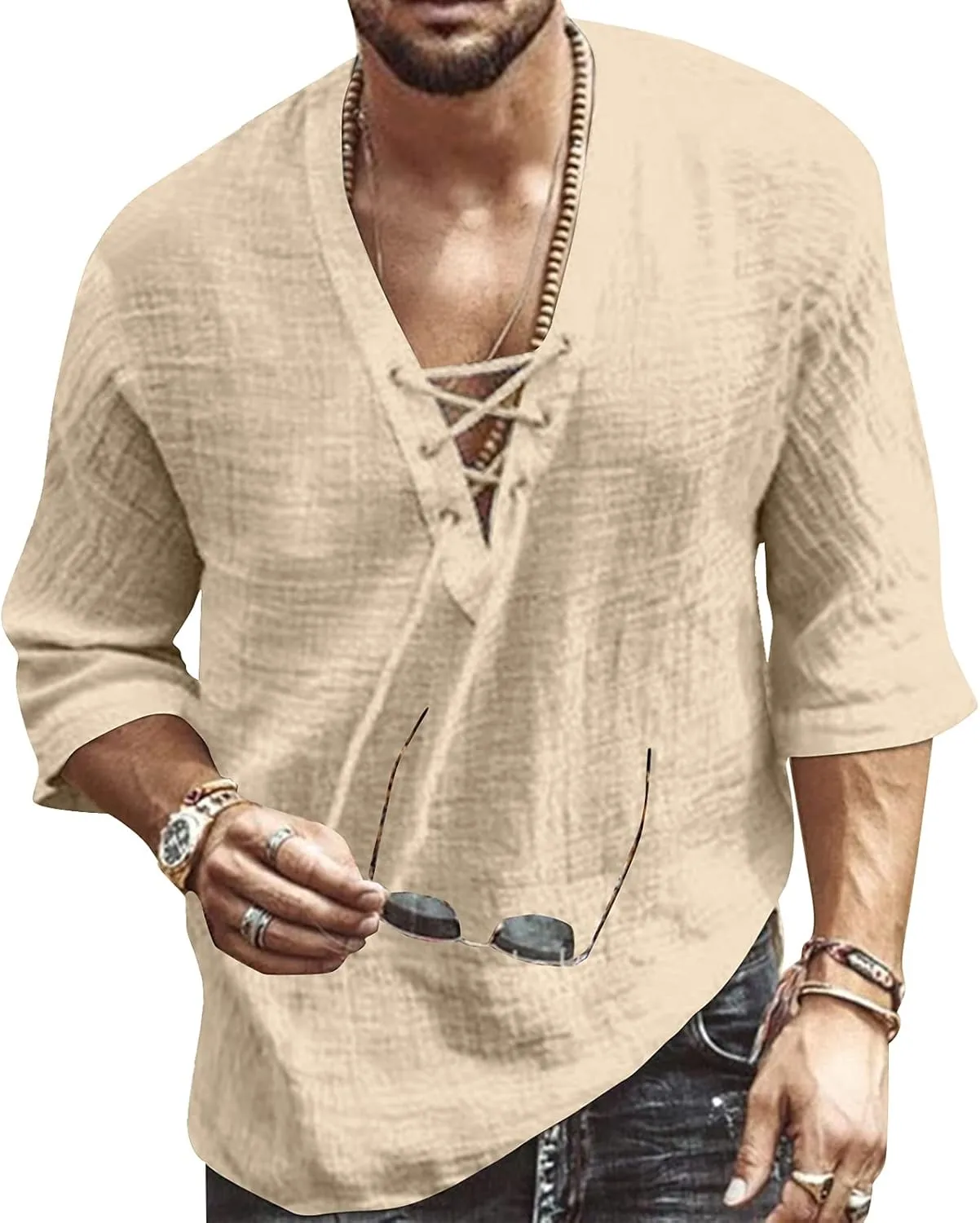 Men's Fashion Shirt Short Sleeve Beach V-Neck Drawstring Printing Yoga African Summer Top