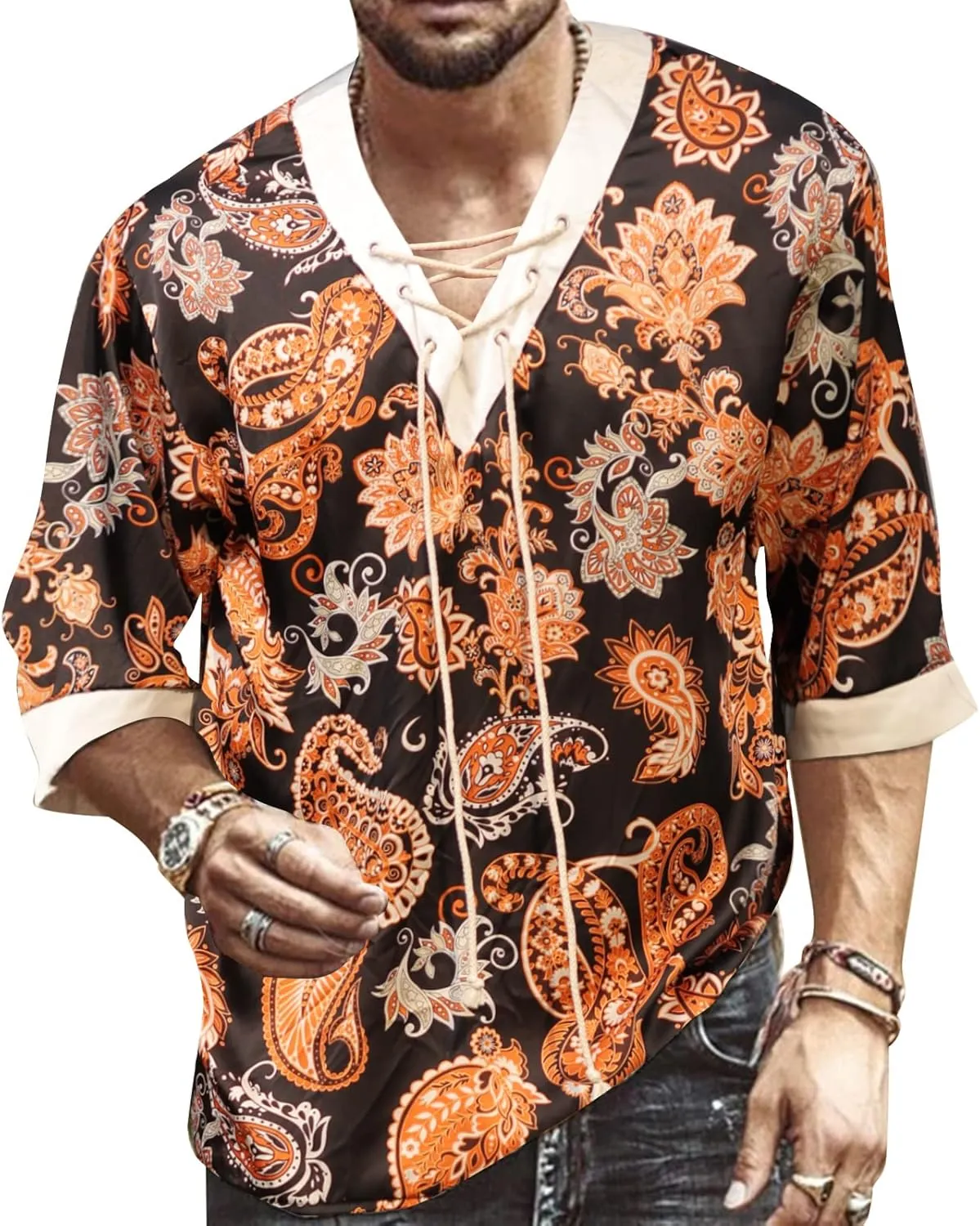 Men's Fashion Shirt Short Sleeve Beach V-Neck Drawstring Printing Yoga African Summer Top
