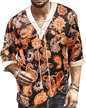 Men's Fashion Shirt Short Sleeve Beach V-Neck Drawstring Printing Yoga African Summer Top