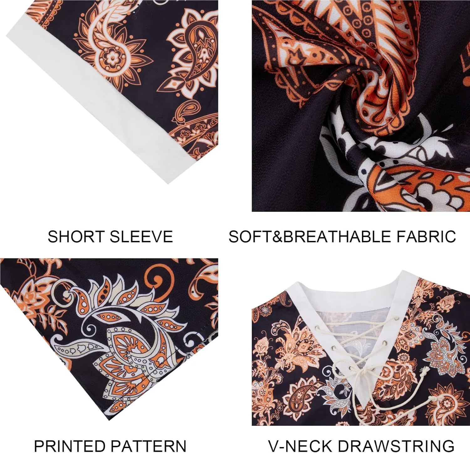 Men's Fashion Shirt Short Sleeve Beach V-Neck Drawstring Printing Yoga African Summer Top