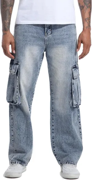 Men's Non-Stretch Loose Fit Wide-Leg Baggy Cargo Jeans Pants