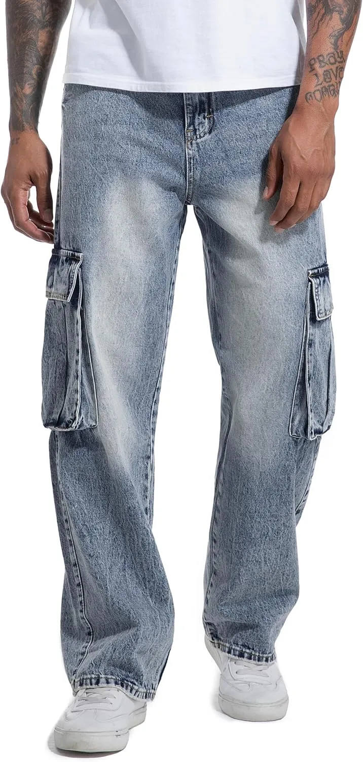 Men's Non-Stretch Loose Fit Wide-Leg Baggy Cargo Jeans Pants