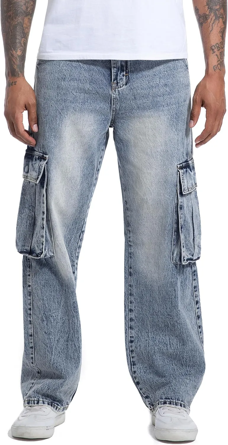 Men's Non-Stretch Loose Fit Wide-Leg Baggy Cargo Jeans Pants