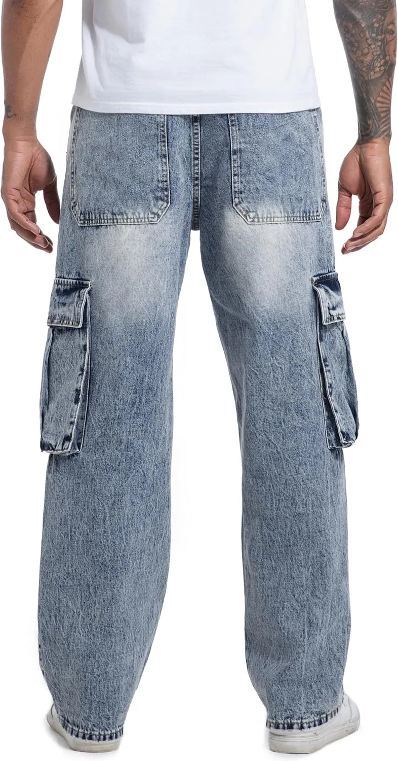 Men's Non-Stretch Loose Fit Wide-Leg Baggy Cargo Jeans Pants