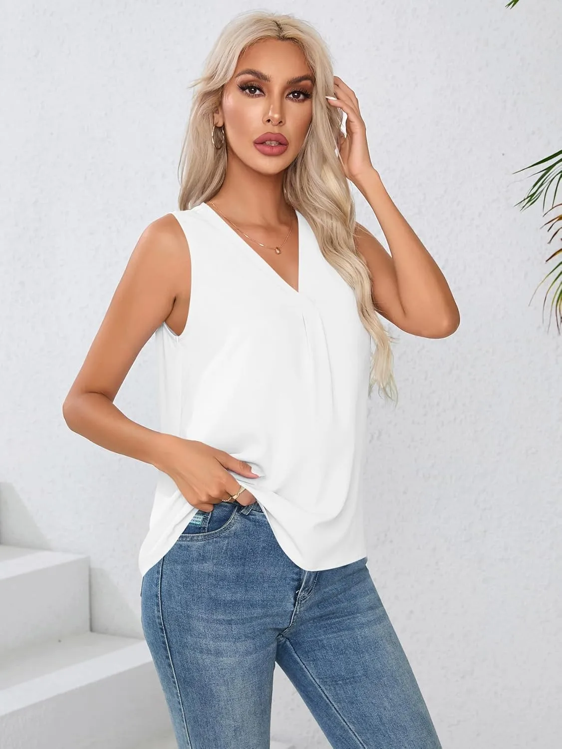 Milumia Women V Neck Work Office Blouse Sleeveless Pleated Tank Top