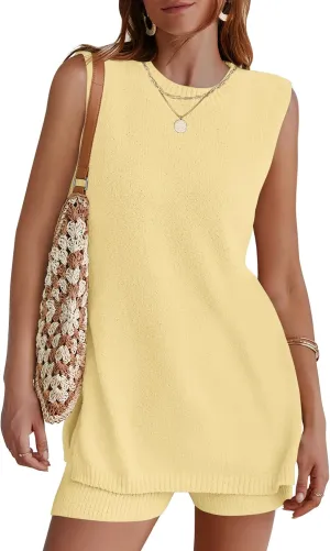 NENONA Women's Summer Sleeveless Sweater Lounge Sets Casual Loose Fit Tunic Tops and Shorts 2 Piece Beach Vacation Outfits