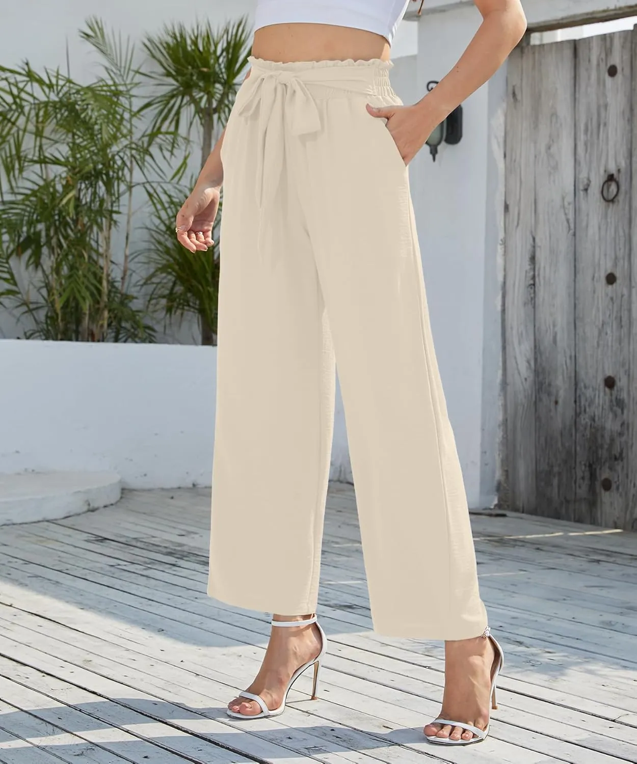 NILOUFO Women's Casual Wide Leg Pants High Waisted Lightweight Loose Long Trousers with Pockets Adjustable Tie Knot