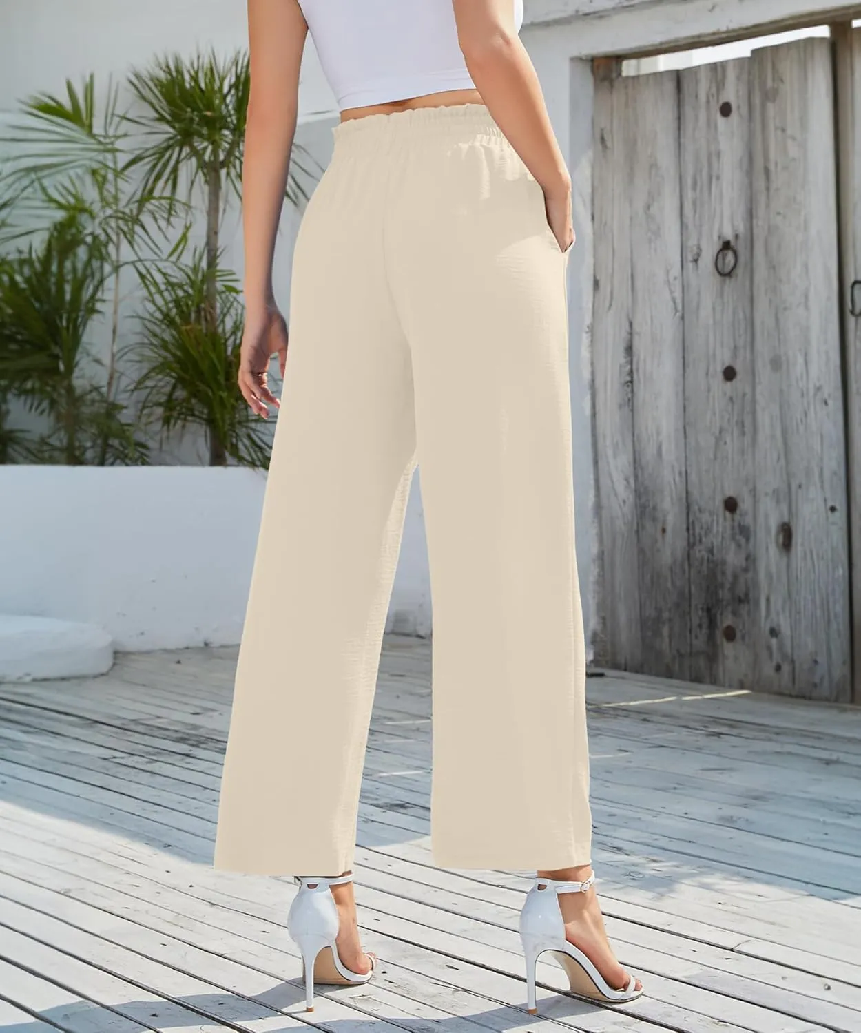 NILOUFO Women's Casual Wide Leg Pants High Waisted Lightweight Loose Long Trousers with Pockets Adjustable Tie Knot