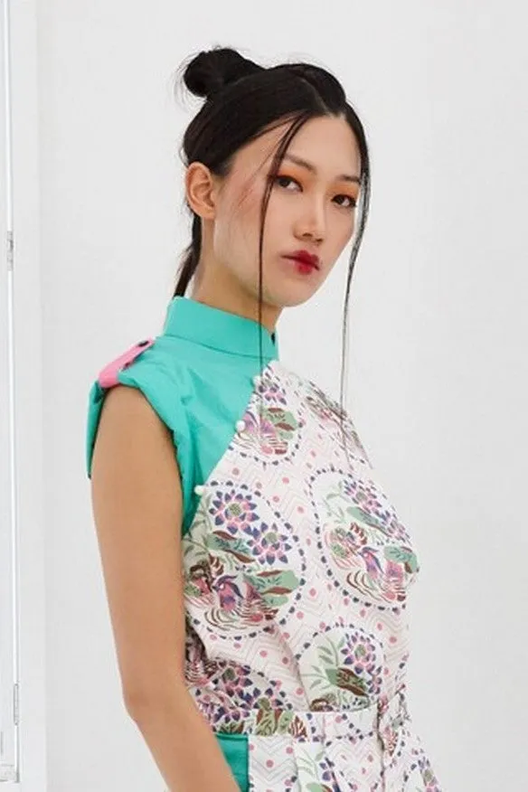 Pre-Order YAN ZI PRINTED COTTON WITH BLUE COTTON SHOULDER FLAP - MANDARIN COLLAR TOP WITH SHOULDER FLAP - MULTI
