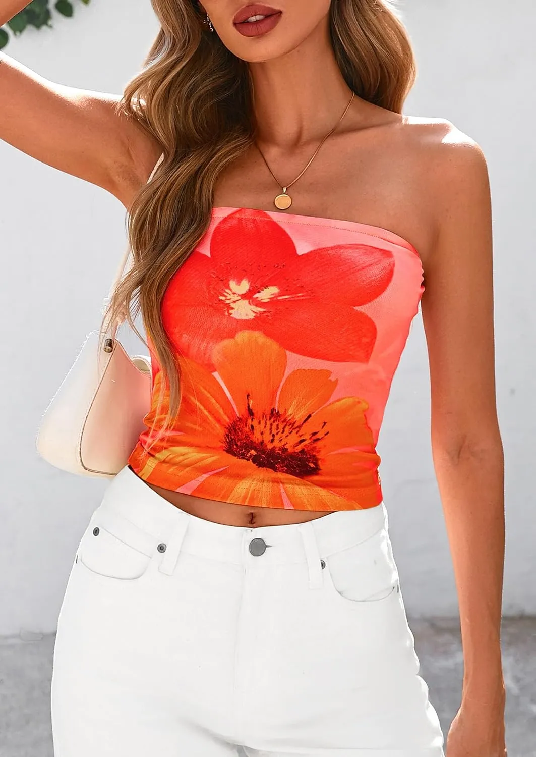 PRETTYGARDEN Strapless Tube Tops for Women 2025 Summer Mesh Floral Y2K Bandeau Cute Crop Top Trendy Going Out Outfits