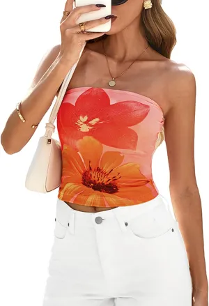 PRETTYGARDEN Strapless Tube Tops for Women 2025 Summer Mesh Floral Y2K Bandeau Cute Crop Top Trendy Going Out Outfits