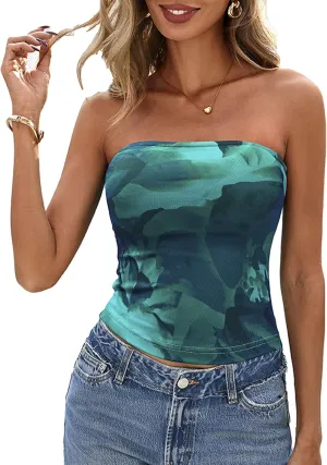 PRETTYGARDEN Strapless Tube Tops for Women 2025 Summer Mesh Floral Y2K Bandeau Cute Crop Top Trendy Going Out Outfits