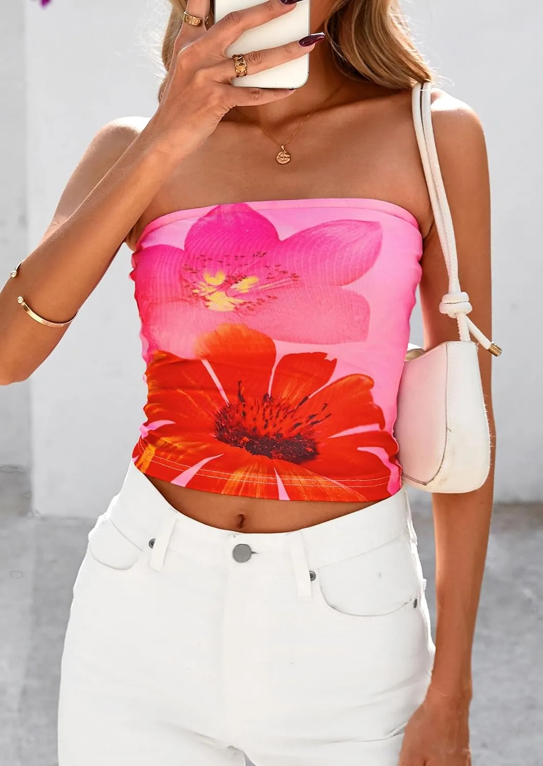 PRETTYGARDEN Strapless Tube Tops for Women 2025 Summer Mesh Floral Y2K Bandeau Cute Crop Top Trendy Going Out Outfits