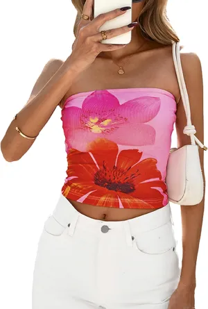 PRETTYGARDEN Strapless Tube Tops for Women 2025 Summer Mesh Floral Y2K Bandeau Cute Crop Top Trendy Going Out Outfits
