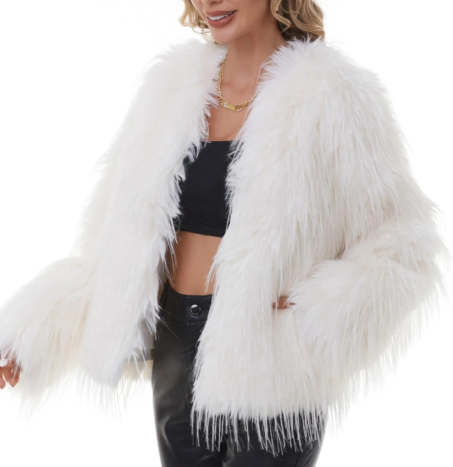 QUENTY PIELIES Faux Fur Coat Womens Jacket Shaggy Outwear Long Sleeve Warm Winter