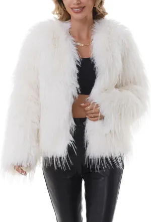 QUENTY PIELIES Faux Fur Coat Womens Jacket Shaggy Outwear Long Sleeve Warm Winter
