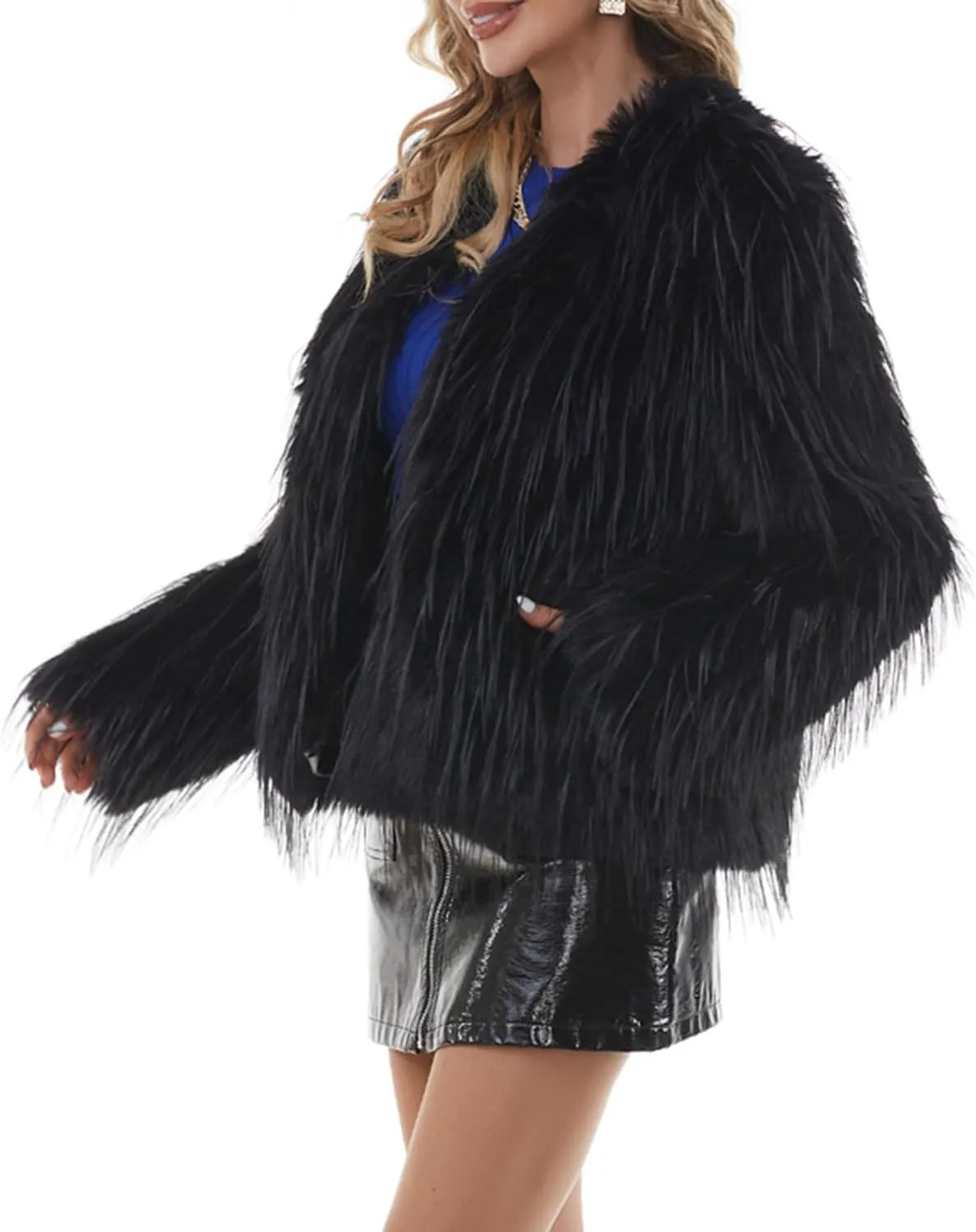 QUENTY PIELIES Faux Fur Coat Womens Jacket Shaggy Outwear Long Sleeve Warm Winter