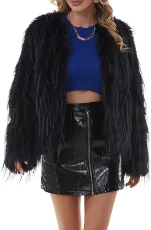 QUENTY PIELIES Faux Fur Coat Womens Jacket Shaggy Outwear Long Sleeve Warm Winter