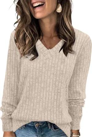 SAMPEEL V Neck Long Sleeve Shirts for Women Casual Fall Tops Lightweight Tunic Sweaters Fashion Clothes 2025