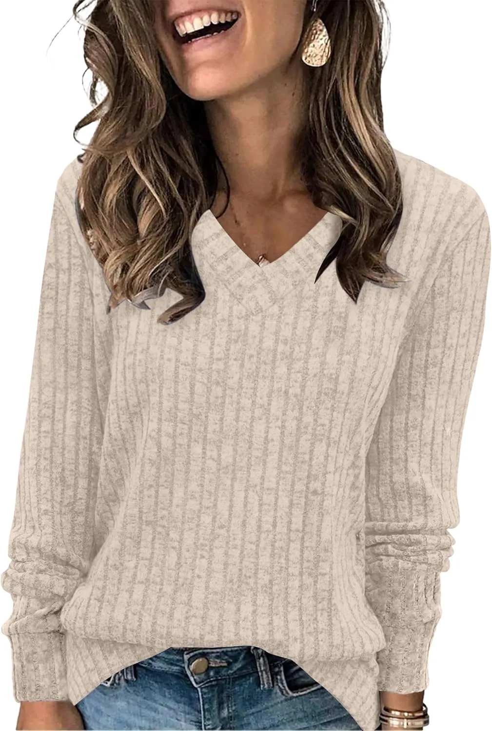 SAMPEEL V Neck Long Sleeve Shirts for Women Casual Fall Tops Lightweight Tunic Sweaters Fashion Clothes 2025