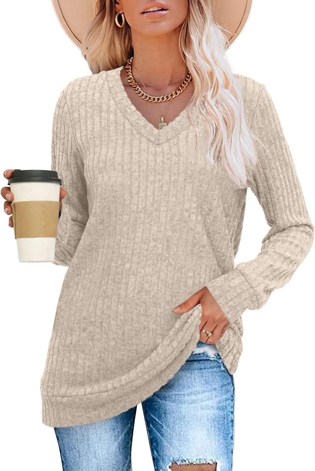 SAMPEEL V Neck Long Sleeve Shirts for Women Casual Fall Tops Lightweight Tunic Sweaters Fashion Clothes 2025