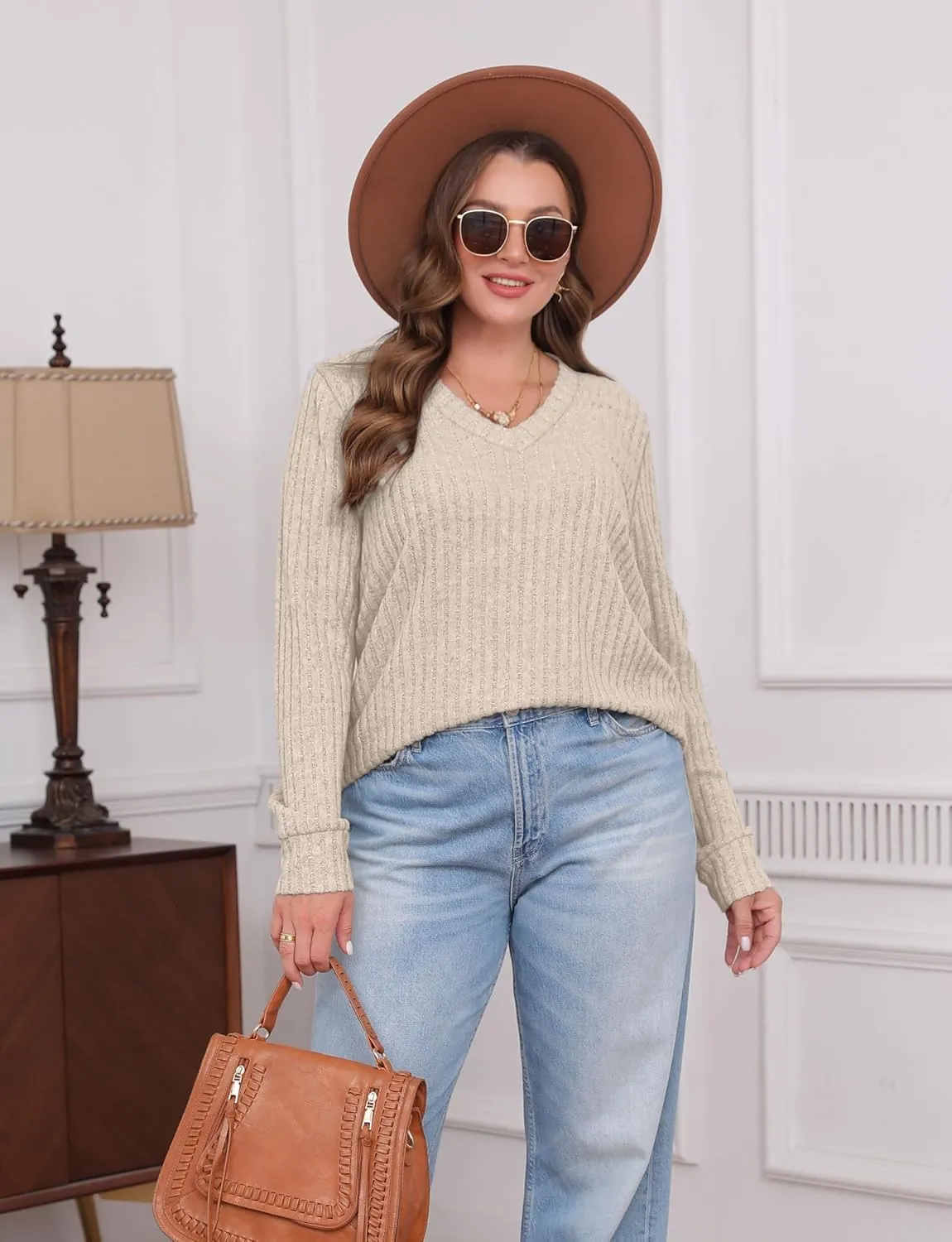 SAMPEEL V Neck Long Sleeve Shirts for Women Casual Fall Tops Lightweight Tunic Sweaters Fashion Clothes 2025