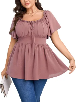 SCOMCHIC Womens Plus Size Peplum Tops Square Neck Short Sleeve Blouse Babydoll Ruffle Cute Summer Top