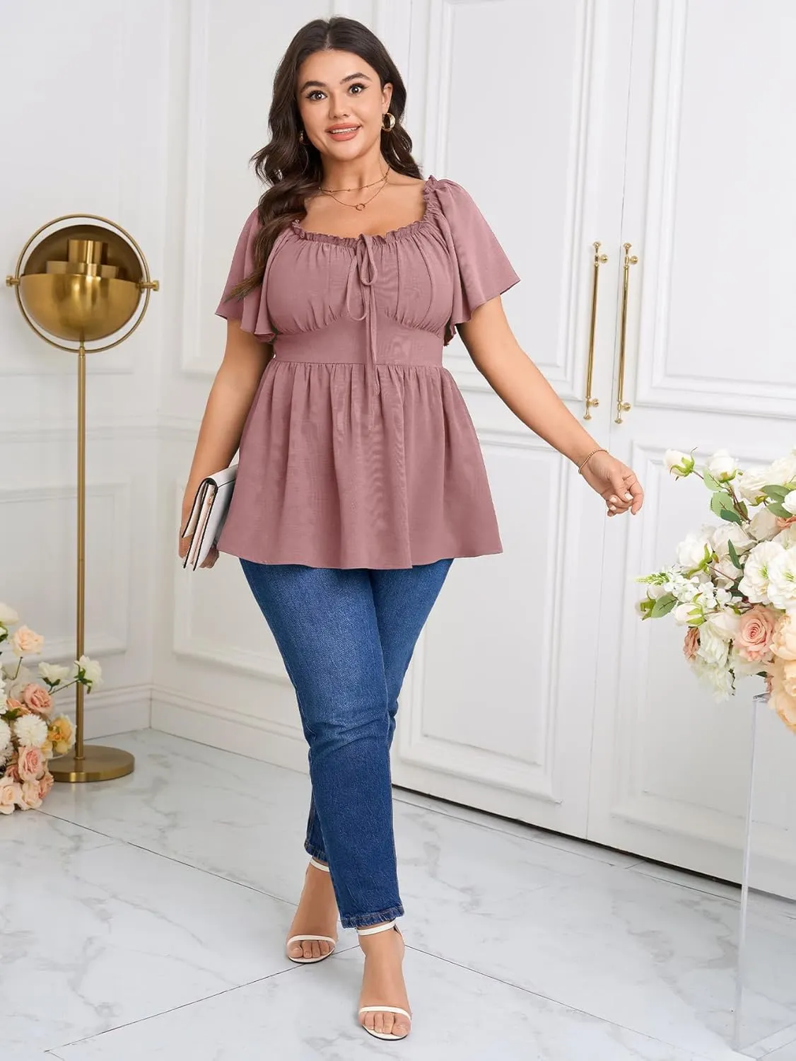 SCOMCHIC Womens Plus Size Peplum Tops Square Neck Short Sleeve Blouse Babydoll Ruffle Cute Summer Top