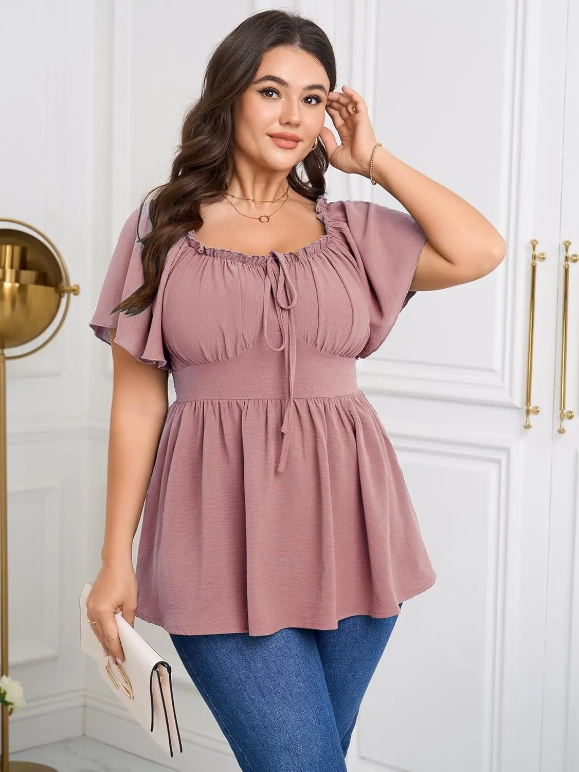 SCOMCHIC Womens Plus Size Peplum Tops Square Neck Short Sleeve Blouse Babydoll Ruffle Cute Summer Top