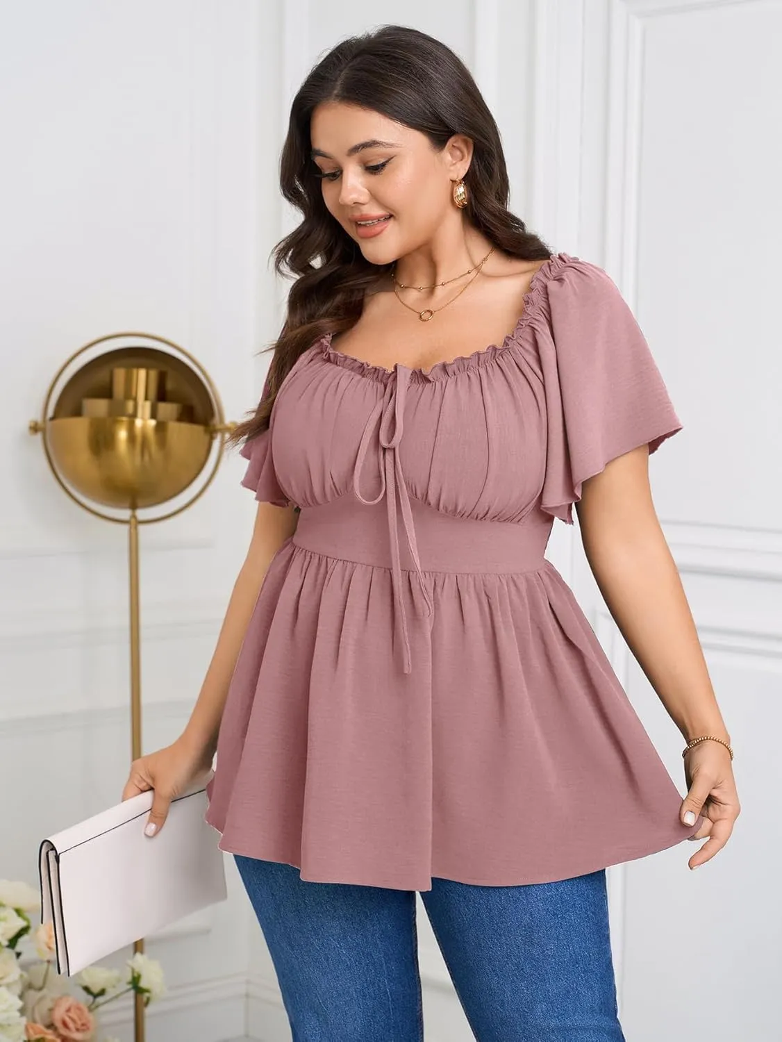 SCOMCHIC Womens Plus Size Peplum Tops Square Neck Short Sleeve Blouse Babydoll Ruffle Cute Summer Top