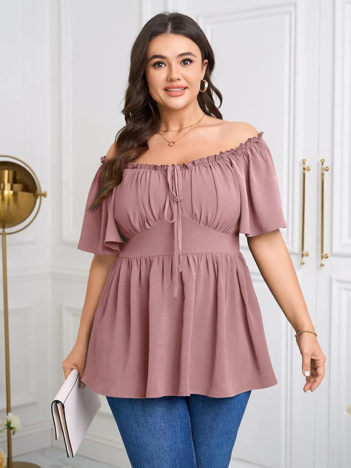 SCOMCHIC Womens Plus Size Peplum Tops Square Neck Short Sleeve Blouse Babydoll Ruffle Cute Summer Top