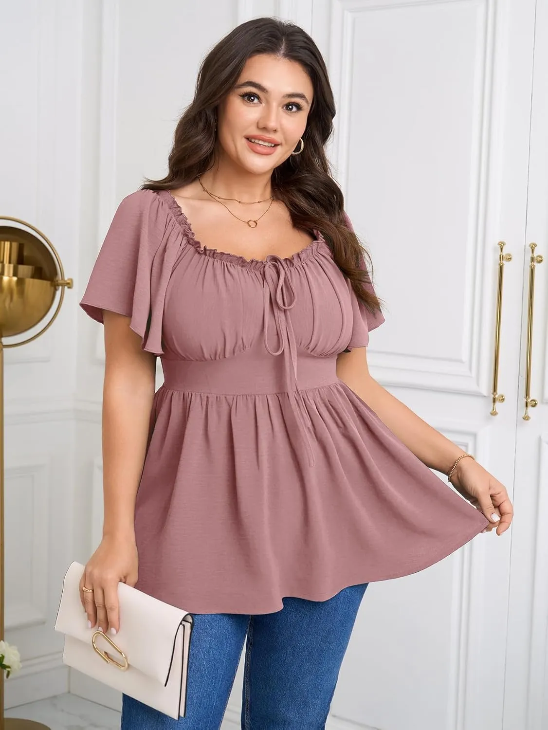 SCOMCHIC Womens Plus Size Peplum Tops Square Neck Short Sleeve Blouse Babydoll Ruffle Cute Summer Top