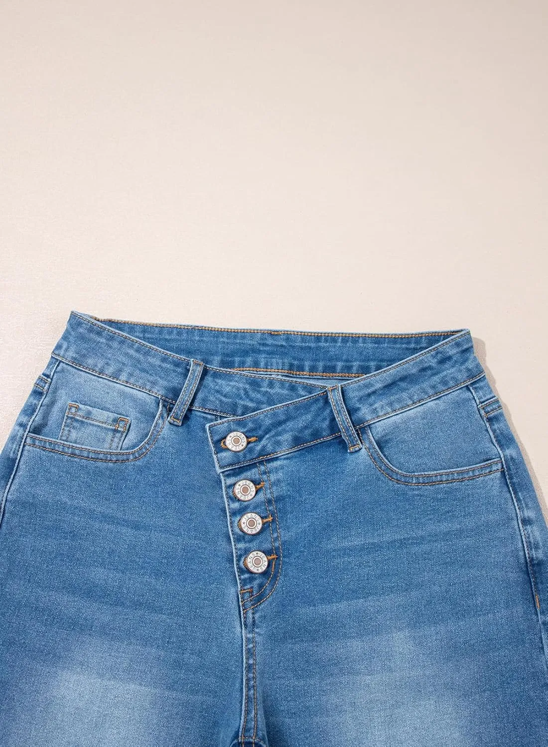 Sidefeel Women's Wide Leg Jeans High Waisted Stretchy Baggy Raw Hem Crossover Button Denim Pants