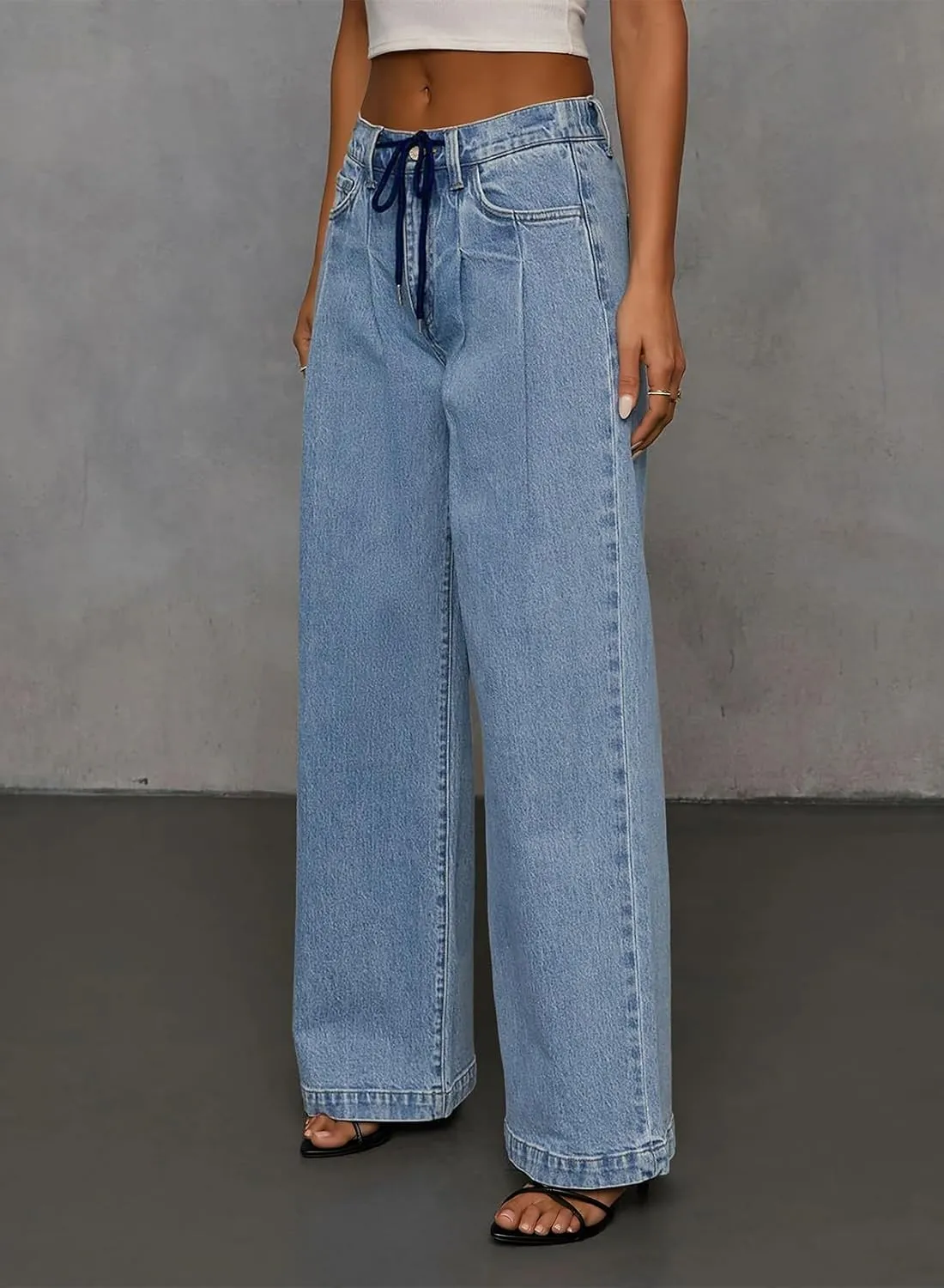Sidefeel Women's Wide Leg Jeans High Waisted Stretchy Straight Baggy Drawstring Denim Pants